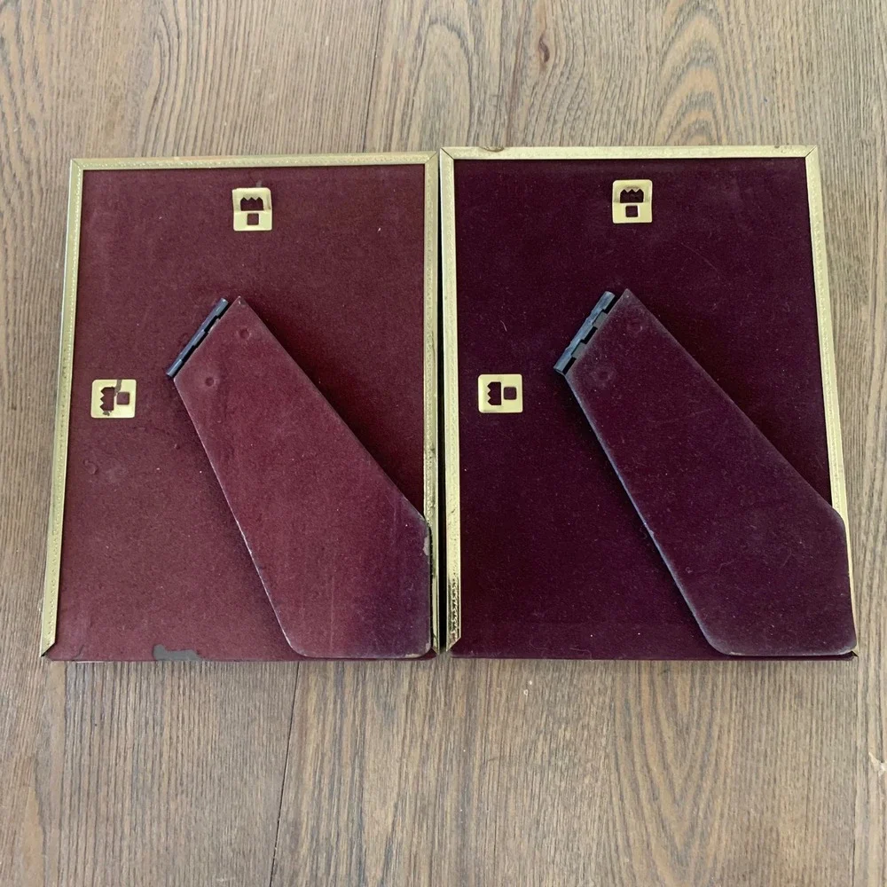 Vintage Gold Tone Metal 5x7 Photo Frames Set of 2 Embossed Border Velvet Back